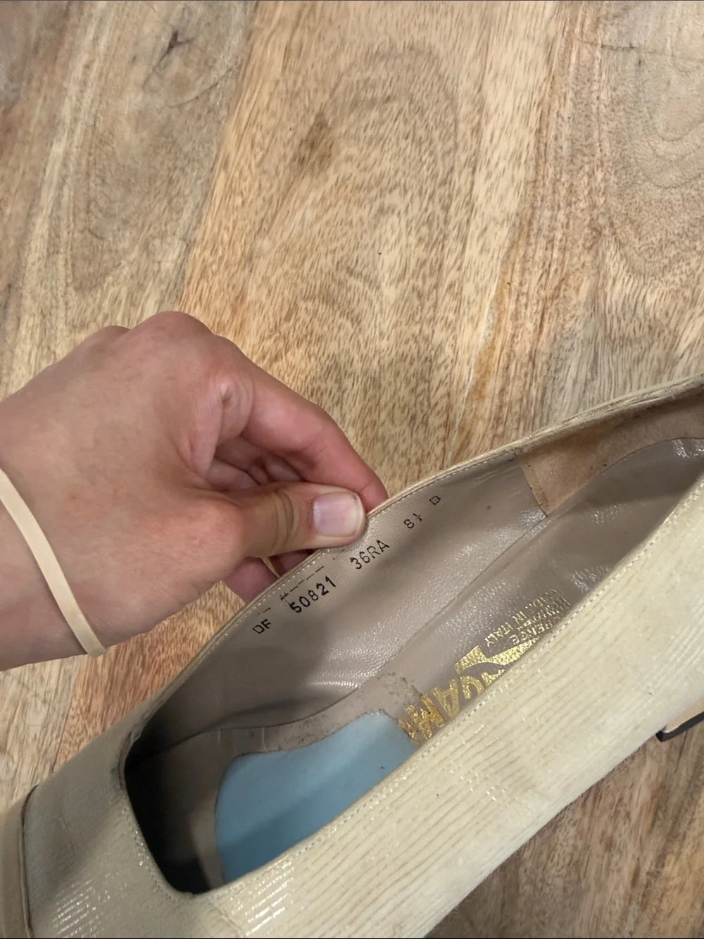 Salvatore Ferragamo Cream Metallic Fabric and Leather Cap-Toe Pumps